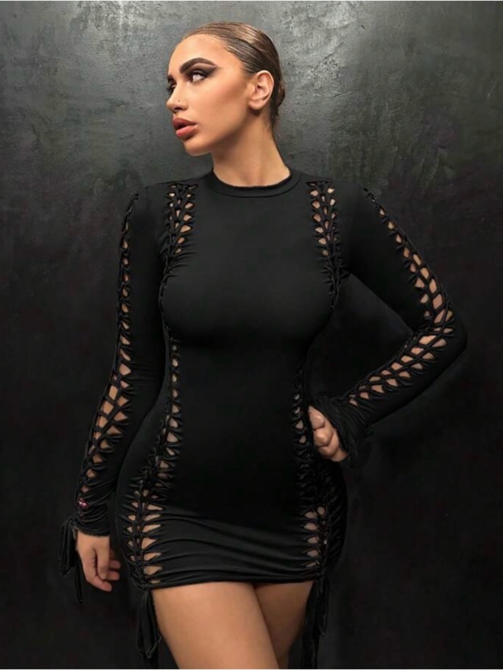 SHEIN Black Lace-Up Long Sleeve Bodycon Mini Dress